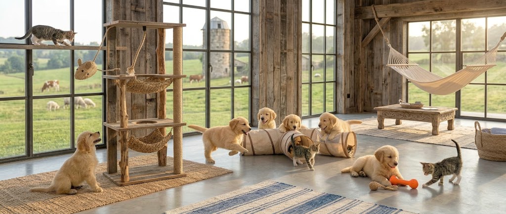 Premium dog and cat with high-quality food and accessories in a modern home